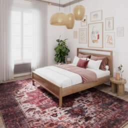 Loomed Medallion Design Cotton Chenille Rug Red Cream Blue Machine Washable 240Cm X 330Cm - thumbnail 2