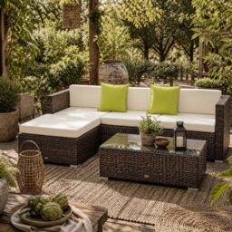 Wyld Haus Milo 4-Seater Brown Rattan Outdoor Corner Sofa Set With Cream Cushions And Tea Table