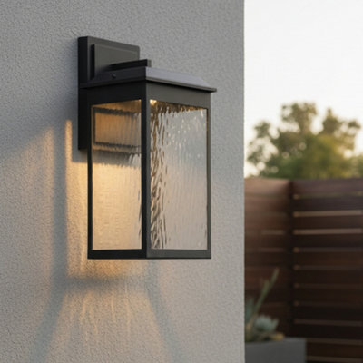Litecraft Saxon Black Large Led Outdoor Wall Light With Water Ripple Glass - image 1