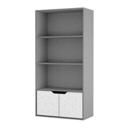 Urbn-Living Urbnliving 4 Tier Grey Wooden Bookcase Cupboard With White Geo Doors Storage Shelving Display Cabinet - thumbnail 1