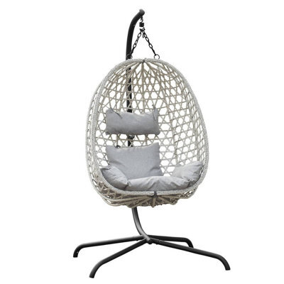 Urbn-Living Tulum Rattan Hanging Egg Chair Swing With Stand Garden Indoor Outdoor & Cushions - Light Grey - image 1