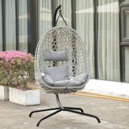 Urbn-Living Tulum Rattan Hanging Egg Chair Swing With Stand Garden Indoor Outdoor & Cushions - Light Grey - thumbnail 4