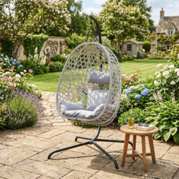 Urbn-Living Tulum Rattan Hanging Egg Chair Swing With Stand Garden Indoor Outdoor & Cushions - Light Grey - thumbnail 2