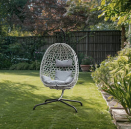 Urbn-Living Tulum Rattan Hanging Egg Chair Swing With Stand Garden Indoor Outdoor & Cushions - Light Grey - thumbnail 5