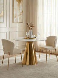 Orsina Round White Marble Top Dining Table, Geometric Conical Gold Base Design Marble Dining Room Table - thumbnail 4