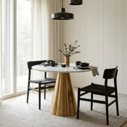 Orsina Round White Marble Top Dining Table, Geometric Conical Gold Base Design Marble Dining Room Table - thumbnail 2