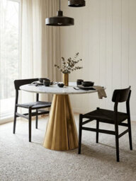 Orsina Round White Marble Top Dining Table, Geometric Conical Gold Base Design Marble Dining Room Table - thumbnail 3