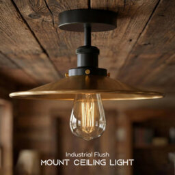 Vintage Flush Mount Ceiling Light Metal 22Cm Yellow Brass Shade Easy Fit E27 Base Ceiling Lights For Living Room With Bulb - thumbnail 6
