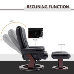 Black Swivel Manual Recliner And Footrest Set Pu Leisure Lounge Chair With Wood Base - thumbnail 3