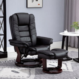 Black Swivel Manual Recliner And Footrest Set Pu Leisure Lounge Chair With Wood Base - thumbnail 5