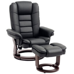Black Swivel Manual Recliner And Footrest Set Pu Leisure Lounge Chair With Wood Base - thumbnail 1