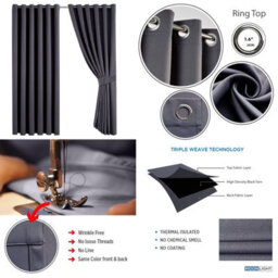 Ameha Thermal Thick Blackout Curtains Ready Made Eyelet Ring Top Grey Curtain Pair 90X90 With Tiebacks Bedroom Living Room Decor - thumbnail 7