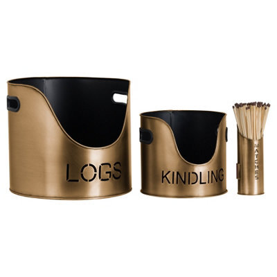 Hill Interiors Antique Style Bronze Matchstick Holder With Logs & Kindling Buckets Bronze (One Size)