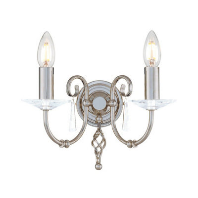Elegant Twin Wall Light With Cut Glass Droplets And Polished Nickel Finish