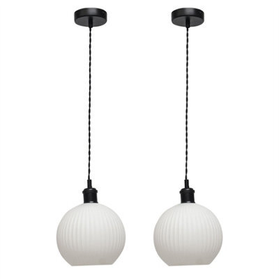 First Choice Lighting Set Of 2 Betchley - White Ribbed Glass Globe Black Retro Pendants - image 1