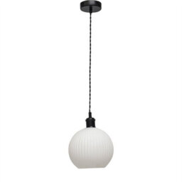 First Choice Lighting Set Of 2 Betchley - White Ribbed Glass Globe Black Retro Pendants - thumbnail 2