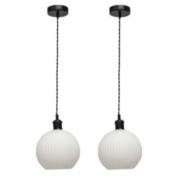 First Choice Lighting Set Of 2 Betchley - White Ribbed Glass Globe Black Retro Pendants - thumbnail 1