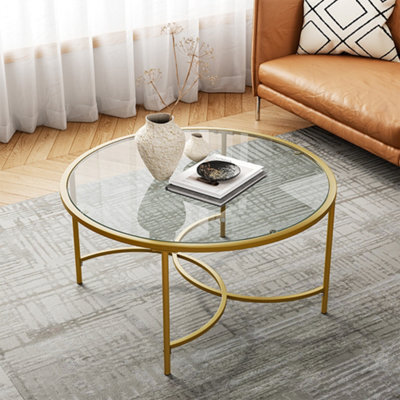 Living And Home Gold Modern Round Tempered Glass Coffee Table For Living Room Dia 800 mm - image 1