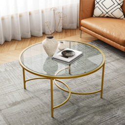 Living And Home Gold Modern Round Tempered Glass Coffee Table For Living Room Dia 800 mm