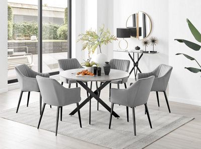 Furniturebox Uk Novara Grey Concrete Effect Black Leg 120Cm Round Dining Table & 6 Grey Calla Black Leg Chairs - image 1