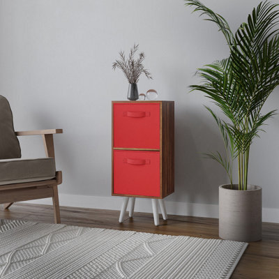Urbn-Living Urbnliving 54Cm Height Teak Wooden 2 Tier Storage Bookcase White Legs Bedroom Red Inserts - image 1