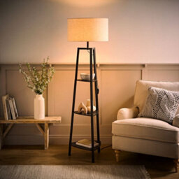 Valuelights Hiru Large Linen Drum Shade Black 3 Tier Wooden Shelf Floor Lamp - thumbnail 2