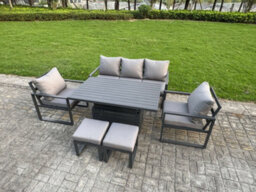 Fimous 6-Piece Aluminium Garden Furniture Sets With Adjustable Rising Lifting Dining Table 2 Chairs 2 Small Footstools - thumbnail 2
