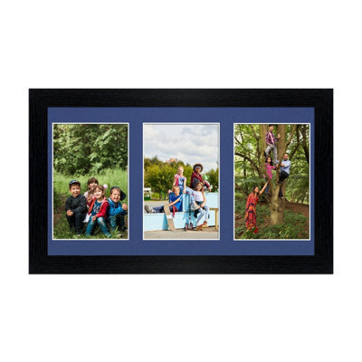 AK Frames 40X20Cm Black Modern Multi Photo Frame With Blue Mount - Holds 3 Apertures (3X) 6X4 Photos - image 1