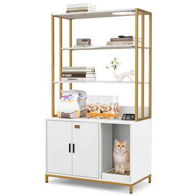 Costway Cat Litter Box Enclosure 154Cm Hidden Cat Washroom Furniture-White - image 1