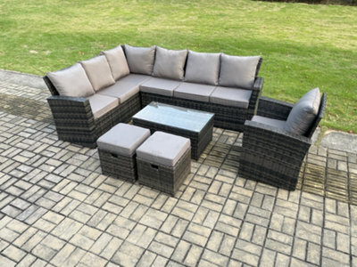 Fimous 9 Seater Outdoor Furniture Garden Dining Set Rattan Corner Sofa Set With Rectangular Coffee Table 2 Small Footstools - image 1