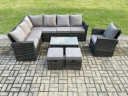 Fimous 9 Seater Outdoor Furniture Garden Dining Set Rattan Corner Sofa Set With Rectangular Coffee Table 2 Small Footstools - thumbnail 2