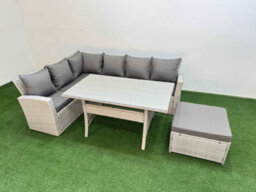 Fimous 7 Seater Rattan Garden Furniture Set Outdoor Patio Dining Corner Sofa Sets With Dining Table Big Footstool Light Grey Mixed - thumbnail 1