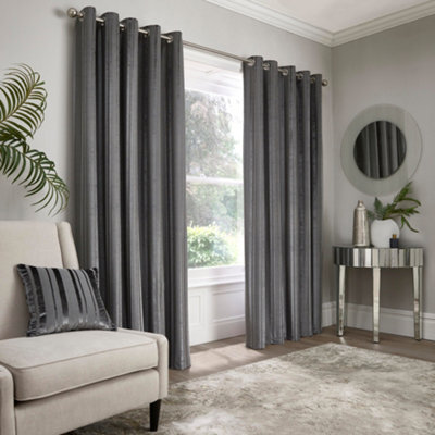Appletree Conrad Striped Woven Pair Of Dark Grey Eyelet Curtains - image 1