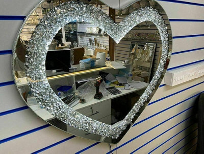Biznest 80X70 Cm Led Light Heart Shape Sparkly Crushed Crystal Diamante Illuminated Wall Mirror - image 1