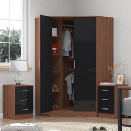 Reflect 3Pc Wardrobe Bundle - 2 Door Corner + 2X 3 Drawer Bedsides - Black Gloss & Walnut - H: 180Cm X W: 179Cm X D: 103Cm - thumbnail 2