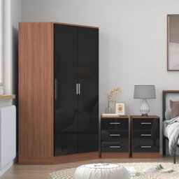 Reflect 3Pc Wardrobe Bundle - 2 Door Corner + 2X 3 Drawer Bedsides - Black Gloss & Walnut - H: 180Cm X W: 179Cm X D: 103Cm - thumbnail 3