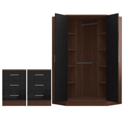 Reflect 3Pc Wardrobe Bundle - 2 Door Corner + 2X 3 Drawer Bedsides - Black Gloss & Walnut - H: 180Cm X W: 179Cm X D: 103Cm - thumbnail 6