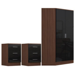 Reflect 3Pc Wardrobe Bundle - 2 Door Corner + 2X 3 Drawer Bedsides - Black Gloss & Walnut - H: 180Cm X W: 179Cm X D: 103Cm - thumbnail 7