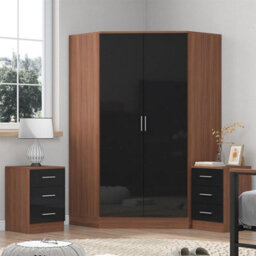 Reflect 3Pc Wardrobe Bundle - 2 Door Corner + 2X 3 Drawer Bedsides - Black Gloss & Walnut - H: 180Cm X W: 179Cm X D: 103Cm