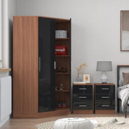 Reflect 3Pc Wardrobe Bundle - 2 Door Corner + 2X 3 Drawer Bedsides - Black Gloss & Walnut - H: 180Cm X W: 179Cm X D: 103Cm - thumbnail 4