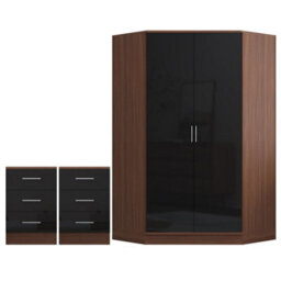 Reflect 3Pc Wardrobe Bundle - 2 Door Corner + 2X 3 Drawer Bedsides - Black Gloss & Walnut - H: 180Cm X W: 179Cm X D: 103Cm - thumbnail 5