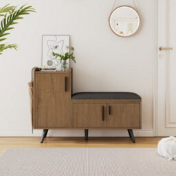 Modern Shoe Bench With Storage Cabinet, Adjustable Shelves For Boots & Heels, Upholstered Seat With Cotton-Linen Cushion, Asymmetr - thumbnail 1