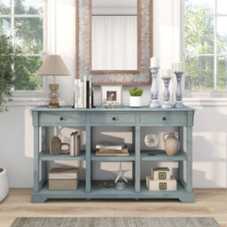 Costway 3-Tier Console Table Wooden Sofa Side Table W/ Storage Shelves & 3 Drawers - thumbnail 4