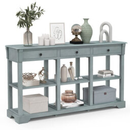 Costway 3-Tier Console Table Wooden Sofa Side Table W/ Storage Shelves & 3 Drawers - thumbnail 2