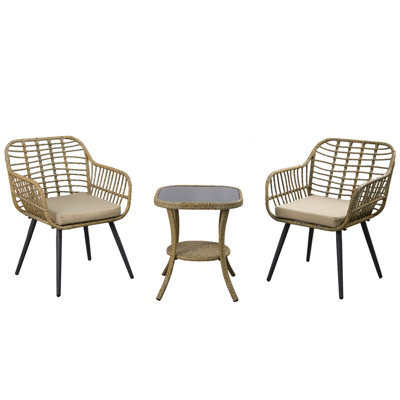 3 Pieces Rattan Garden Furniture Set, 2 Seaters Rattan Bistro Set With Glass Top Table, Soft Cushion + High Glass Top Table - image 1