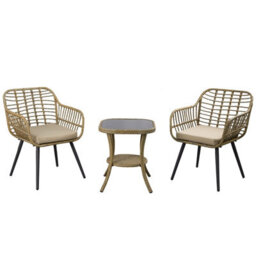 3 Pieces Rattan Garden Furniture Set, 2 Seaters Rattan Bistro Set With Glass Top Table, Soft Cushion + High Glass Top Table - thumbnail 1
