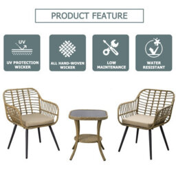 3 Pieces Rattan Garden Furniture Set, 2 Seaters Rattan Bistro Set With Glass Top Table, Soft Cushion + High Glass Top Table - thumbnail 2