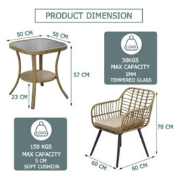 3 Pieces Rattan Garden Furniture Set, 2 Seaters Rattan Bistro Set With Glass Top Table, Soft Cushion + High Glass Top Table - thumbnail 5
