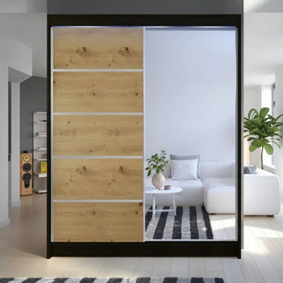 Camino 3 Sliding Wardrobe With Front Mirror And Rgb Led Lights Black Artisan Oak - image 1