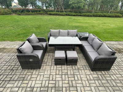 Fimous Outdoor Garden Patio Furniture Wicker Rattan Oblong Dining Table And Lounge Sofa Set With Side Table 2 Small Footstool - image 1